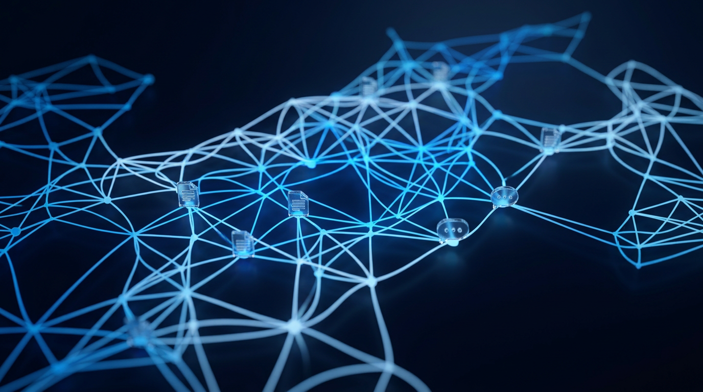 Visualization of context-aware AI connecting business documents, brand voice, and conversations